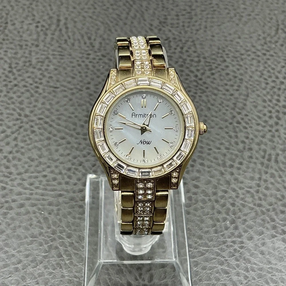 Armitron Now Watch Womens Gold Tone Crystal Bezel Bracelet Quartz NEW BATTERY